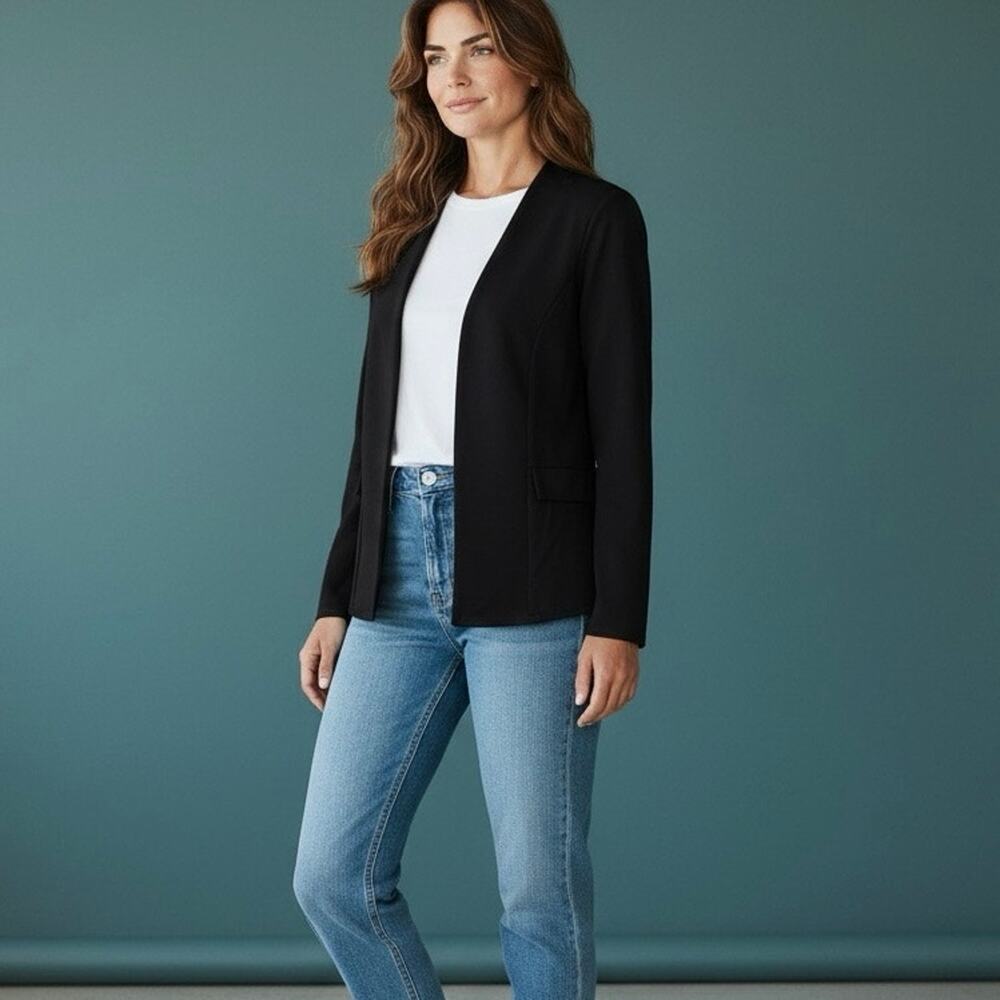Boohoo Basic Jersey Collarless black open-front fitted blazer Women’s size 6